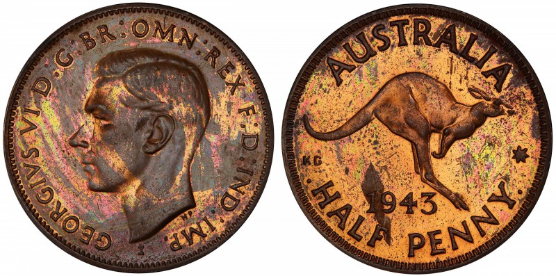 AUSTRALIA: George VI, 1936-1952, AE halfpenny, 1943-I, KM-41, Bombay Mint proof ...