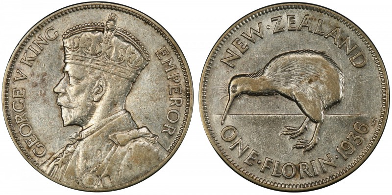 NEW ZEALAND: George V, 1910-1936, AR florin, 1936, KM-4, key date, PCGS graded A...