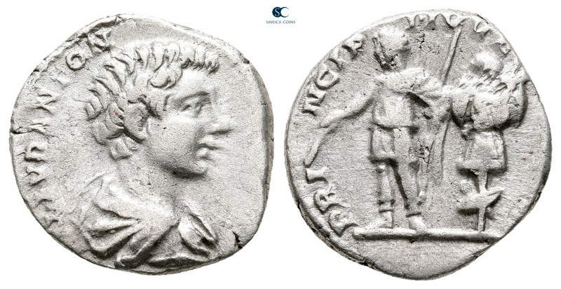 Caracalla, as Caesar AD 196-198. Rome
Denarius AR

17 mm, 2,94 g



Very ...