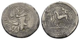 Imitationen römischer Münzen.


Imitation eines republikanischen Denars (subärater Stück), 1. Jh. v. Chr.

Vs: Kopf der Roma mit geflügeltem Helm...