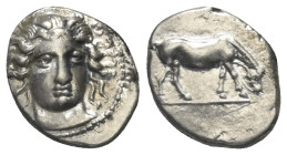 Thessalien. Larissa.

 Drachme (Silber). Ca. 404 - 370 v. Chr.
Vs: Kopf der Nymphe Larissa mit Ampyx en face, leicht nach rechts gewendet.
Rs: Pfe...