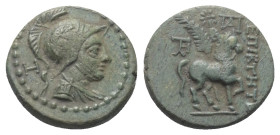 Phrygien. Epikteteis.

 Bronze. 2. - 1. Jhdt. v. Chr.
Vs: Männliche (?) Büste mit korinthischem Helm rechts, dahinter H.
Rs: Nach rechts galoppier...