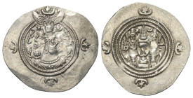 Sasanidisches Königreich. Khusro II. (590 - 628 n. Chr.).

 Drachme (Silber). 594 / 595 n. Chr. (Jahr 5). NYH = Nihavand.
Vs: Drapierte Büste mit K...