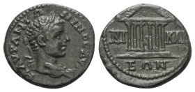 Bithynien. Nikaia. Caracalla (197 - 217 n. Chr.).

 Bronze.
Vs: Drapierte Büste mit Lorbeerkranz rechts.
Rs: Sechssäulige Tempelansicht.

22 mm....