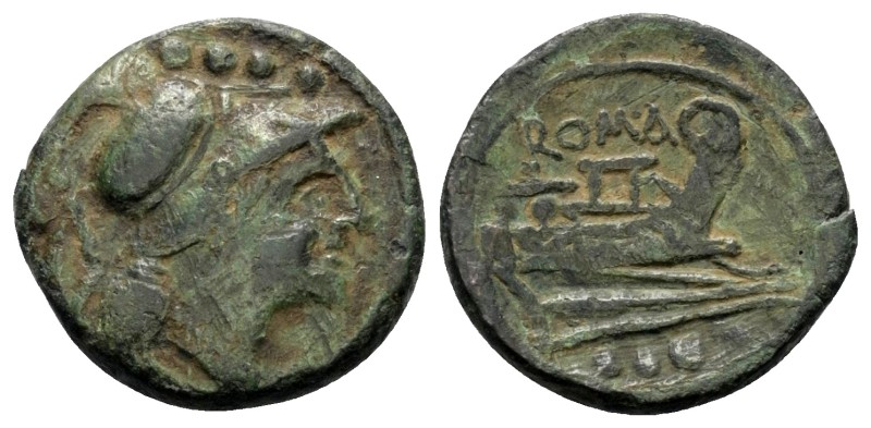 Anonyme Prägungen.

Triens (Bronze). Nach 211 v. Chr.
Vs: Behelmter Kopf der ...