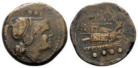 Anonyme Prägungen.

Triens (Bronze). 208 v. Chr. Etrurien (?).
Vs: Behelmter Kopf der Minerva rechts, darüber vier Punkte.
Rs: Schiffsprora rechts...