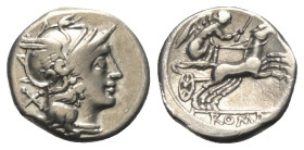 Anonym.

 Denar (Silber). 157 - 156 v. Chr. Rom.
Vs: Kopf der Roma mit geflügeltem Helm rechts, dahinter Wertzeichen.
Rs: ROMA. Victoria mit Treib...