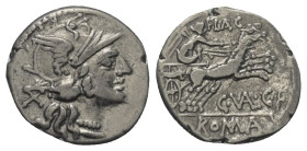 C. Valerius Flaccus.

 Denar (Silber). 140 v. Chr. Rom.
Vs: Kopf der Roma mit geflügeltem Helm rechts, dahinter Wertzeichen X.
Rs: FLAC / C VAL C ...