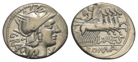 L. Antestius Gragulus.

 Denar (Silber). 136 v. Chr. Rom.
Vs: GRAG. Kopf der Roma mit geflügeltem Greifenkopfhelm rechts, davor Wertzeichen.
Rs: L...