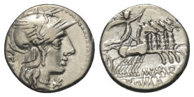 C. Aburius Geminus.

 Denar (Silber). 134 v. Chr. Rom.
Vs: GEM. Kopf der Roma mit geflügeltem Helm rechts, davor Wertzeichen.
Rs: C ABVRI / ROMA. ...