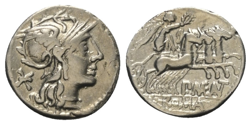 P. Maenius Antiaticus.

 Denar (Silber). 132 v. Chr. Roma.
Vs: Kopf der Roma ...