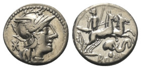 L. Caecilius Metellus Diadematus.

 Denar (Silber). 128 v. Chr. Rom.
Vs: Kopf der Roma mit geflügeltem Greifenkopfhelm rechts, dahinter Wertzeichen...