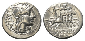 M. Porcius Laeca.

 Denar (Silber). 125 v. Chr. Rom.
Vs: LAECA. Kopf der Roma mit Flügelhelm rechts. Davor Wertzeichen X.
Rs: M. PORC. / ROMA. Lib...