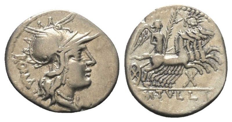 M. Tullius.

 Denar (Silber). 119 v. Chr. Rom.
Vs: ROMA. Kopf der Roma mit ge...