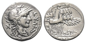 Q. Curtius und M. Iunius Silanus.

 Denar (Silber). Ca. 116 - 155 v. Chr.
Vs: Q CVRT. Kopf der Roma mit geflügeltem Helm rechts, dahinter Wertzeich...