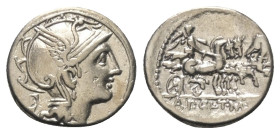 Appius Claudius Pulcher mit T. Manlius Mancinus und Q. Urbinius.

 Denar (Silber). 111 oder 110 v. Chr. Rom.
Vs: Kopf der Roma mit geflügeltem Helm...