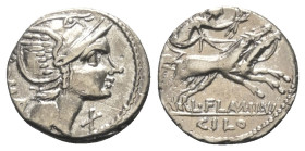 L. Flaminius Chilo.

 Denar (Silber). 109 oder 108 v. Chr. Rom.
Vs: ROMA. Kopf der Roma mit geflügeltem Helm rechts, davor Wertzeichen.
Rs: L FLAM...