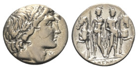 L. Memmius.

 Denar (Silber). 109 oder 108 v. Chr. Rom.
Vs: Kopf des Apollon, unter Kinn Stern.
Rs: Die Dioskuren mit Speeren zwischen ihren Pferd...