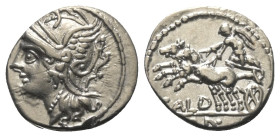 C. Coelius Caldus.

 Denar (Silber). 104 v. Chr. Rom.
Vs: Kopf der Roma mit geflügeltem Greifenkopfhelm links.
Rs: CALD. Victoria in galoppierende...
