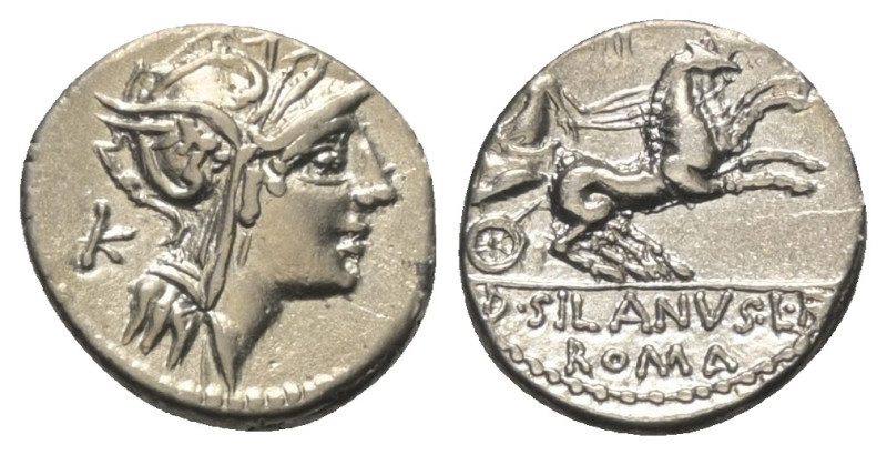 D. Iunius Silanus.

 Denar (Silber). 91 v. Chr. Rom.
Vs: Kopf der Roma mit ge...