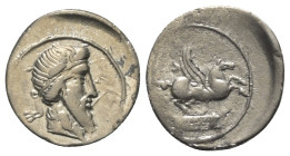 Q. Titius.

 Denar (Silber). 90 v. Chr. Rom.
Vs: Bärtiger Kopf mit geflügeltem Diadem rechts.
Rs: Pegasus nach rechts springend, darunter Basis mi...