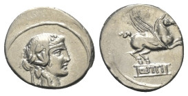 Q. Titius.

 Denar (Silber). 90 v. Chr. Rom.
Vs: Kopf des Bacchus (Liber) mit Efeukranz rechts.
Rs: Pegasus nach rechts springend, darunter Basis ...