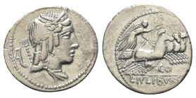 L. Iulius Bursio.

 Denar (Silber). 85 v. Chr. Rom.
Vs: Drapierte Büste des Apollo Veiovis mit Flügel, Lorbeerkranz und Dreizack rechts, dahinter B...