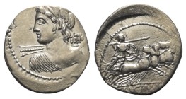 C. Licinius Macer.

Denar (Silber). 84 v. Chr. Rom.
Vs: Büste des Apollo mit Blitzbündel in Rückenansicht nach links.
Rs: C LICINIVS L F / MACER. ...