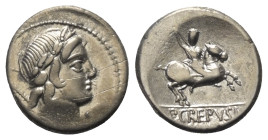 P. Crepusius.

 Denar (Silber). 82 v. Chr. Rom.
Vs: Kopf des Apollo mit Lorbeerkranz rechts, dahinter Szepter.
Rs: P CREPVSI. Reiter mit Lanze nac...