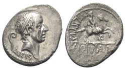 L. Marcius Philippus.

Denar (Silber). 56 v. Chr. Rom.
Vs: ANCVS. Kopf des Ancus Marcius mit Diadem rechts, im Feld links Augurenstab.
Rs: A - Q -...
