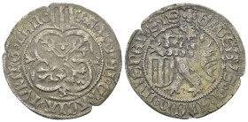 Sachsen-Meissen. Friedrich II mit Wilhelm III (1440 - 1464).

 Groschen (Silber). Freiberg.
Vs: Stäbe mit Blütenenden im Vierpass, darüber Schild. ...