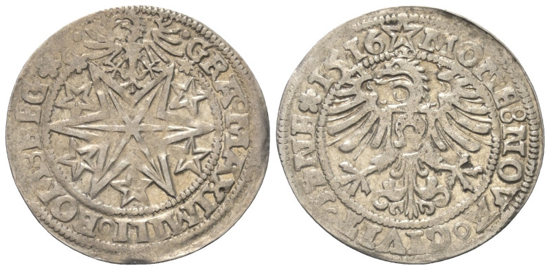 Isny - Reichsstadt.

 Batzen (Silber). 1516.
Vs: Adler über sechsstrahligem S...