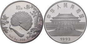 China - Volksrepublik: 10 Yuan 1993, Peacock / Pfau. KM# 595. 1 OZ 999/1000 Silber. In Kapsel und Etui, mit kleinem chinesischen Zettel. Auflage nur 7...