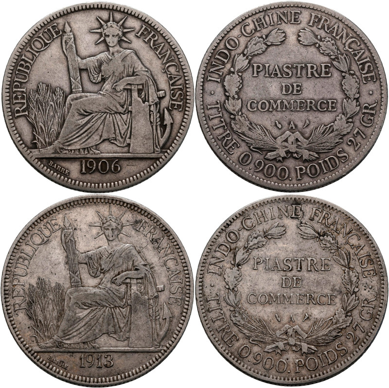 Franz. Indochina: Piaster / Piastre de Commerce 1906 und 1913, KM# 5a. Kratzer, ...