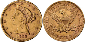 Vereinigte Staaten von Amerika: 5 Dollars 1893 (Half Eagle - Liberty coronet Head) Philadelphia, KM# 101, Friedberg 143. 8,36 g, 900/1000 Gold. Kratze...