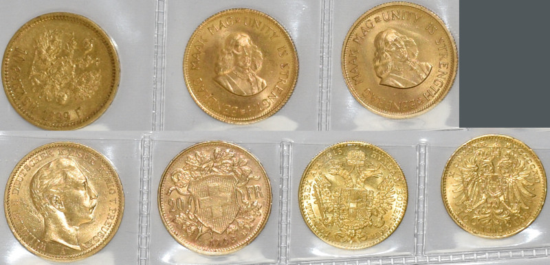 Alle Welt: Lot 7 Goldmünzen, dabei 10 Corona, 1 Dukat, 20 CHF Vreneli, 20 Mark P...