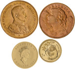 Alle Welt: Lot 4 Goldmünzen, dabei: 20 Mark 1914 Wilhelm in Uniform, 20 CHF 1935 LB Vreneli, 1/10 OZ Maple Leaf 1997 sowie China 5 Yuan 1995 Panda 1/2...