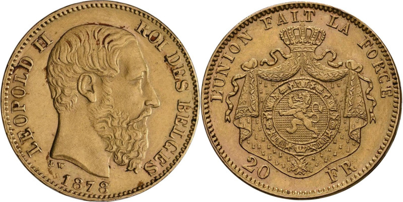 Belgien: Leopold II. 1865-1909: 20 Francs 1878 LW, KM# 37, Friedberg 412. 6,44 g...