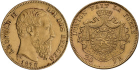 Belgien: Leopold II. 1865-1909: 20 Francs 1878 LW, KM# 37, Friedberg 412. 6,44 g, 900/1000 Gold. Leicht verschmutzt, sonst vorzüglich.
 [zzgl. 0 % Mw...