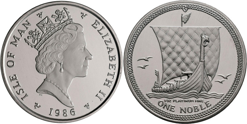 Insel Man: 1 Noble 1986, Wikingerschiff, KM# 154, Friedberg B3. 1 OZ 995/1000 Pl...