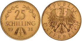 Österreich: 1. Republik bis 1945: 25 Schilling 1931, Edelweiss, KM# 2841, Friedberg 521. 5,87 g, 900/1000 Gold. Kleine Schwarzpunkte, sonst vorzüglich...
