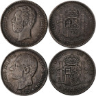 Spanien: 5 Pesetas 1871 SDM (71) + 1885 MSM (87). Sehr schön. Lot 2 Stück.
 [zzgl. 19 % MwSt.]