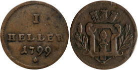 Altdeutschland und RDR bis 1800: Augsburg: 1 Heller 1799, Kupfer, 0,49 g, Forster-, Vetterle 1799.3, seltener Jahrgang, Kratzer, sehr schön.
 [differ...