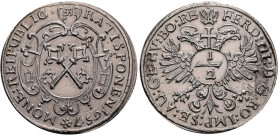 Altdeutschland und RDR bis 1800: Regensburg: ½ Taler 1657 (1/2 Reichstaler, Jahreszahl aus 1656 geändert), mit Titel Ferdinand. 14,32 g. Beckenbauer 6...