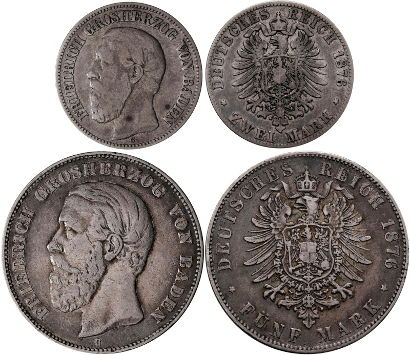 Baden: Friedrich I. 1852-1907: 2 Mark 1876 G, Jaeger 26. Dazu noch 5 Mark 1876 G...