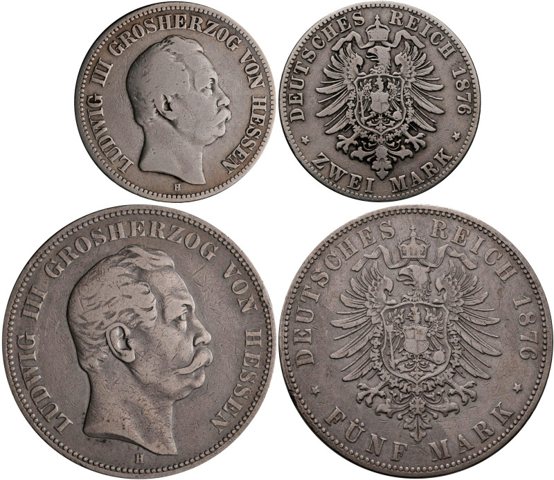 Hessen: Ludwig III. 1848-1877: 2 Mark und 5 Mark 1876 H, Jaeger 66 und 67. Beide...