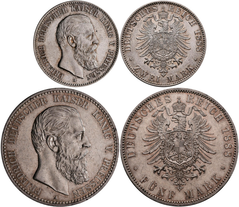 Preußen: Friedrich III. 1888: 2 Mark + 5 Mark 1888, Jaeger 98 und 99. 2er vorzüg...