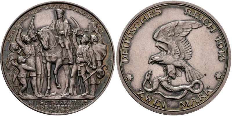 Preußen: Wilhelm II. 1888-1918: 2 Mark 1913, 100-Jahr-Feier Aufruf zum Befreiung...