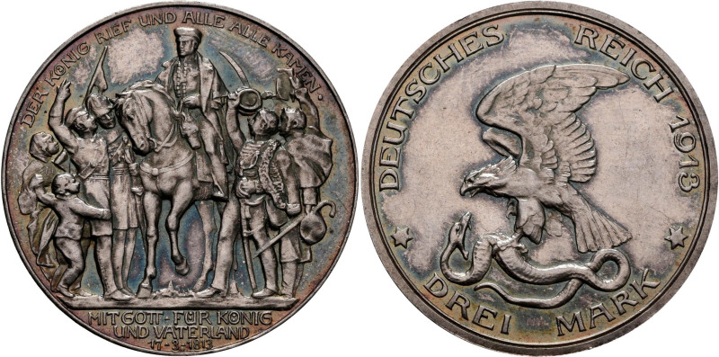 Preußen: Wilhelm II. 1888-1918: 3 Mark 1913, 100-Jahr-Feier Aufruf zum Befreiung...