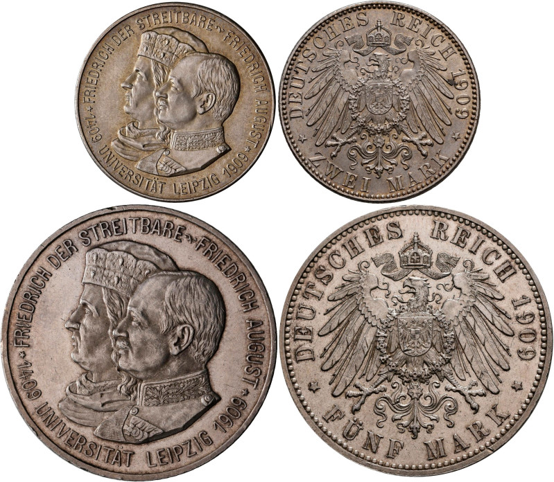 Sachsen: Friedrich August III. 1904-1918: 5 Mark 1909, Universität Leipzig, Jaeg...